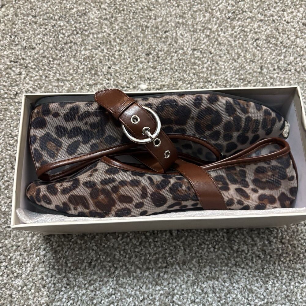 Women’s 8.5 Gothictor Leopard Print Mary Jane Flats Buckle Strap Mesh